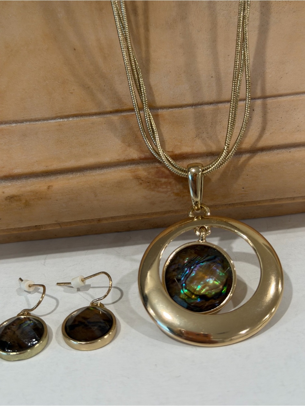 Gold-Tone Abalone Pendant Necklace and Earring Set